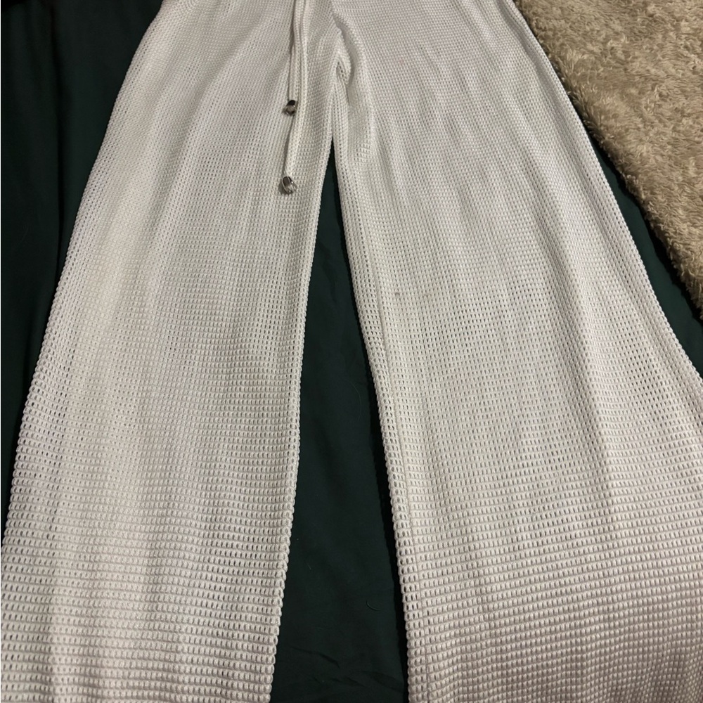 White Wide Leg Swim Pants with Textured Design